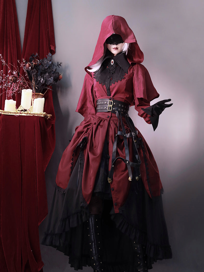 Victorian-Inspired Gothic Red and Black Lace Ball Gown with High Collar – Vampire Duchess Satin Evening Dress Plus Size