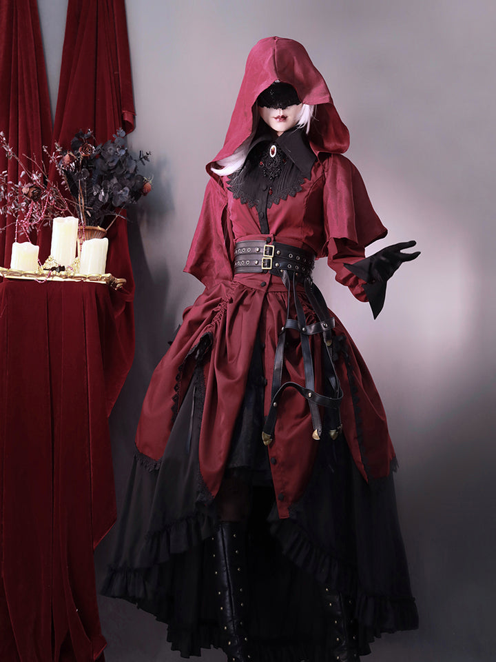 Victorian-Inspired Gothic Red and Black Lace Ball Gown with High Collar – Vampire Duchess Satin Evening Dress Plus Size