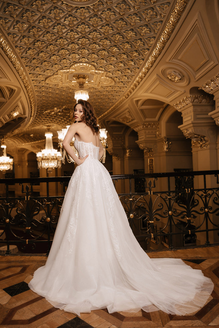 Ivory Lace A-Line Wedding Dress with Cape – Sleeveless Wedding Dress with Sheer Corset and Chantilly Lace Plus Size – JOSEPHINE