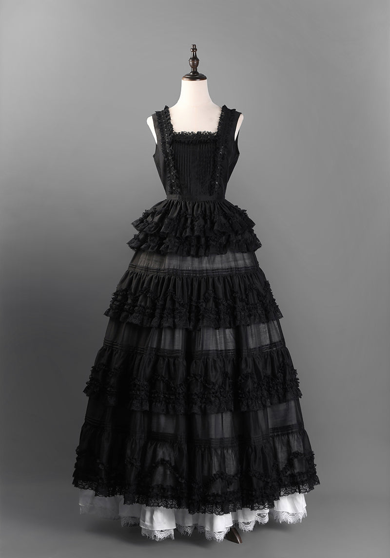 Victorian-Inspired Black and White Gothic Lolita Ball Gown with Tiered Ruffles – Tencel Organza Dress with Lace Trim Plus Size