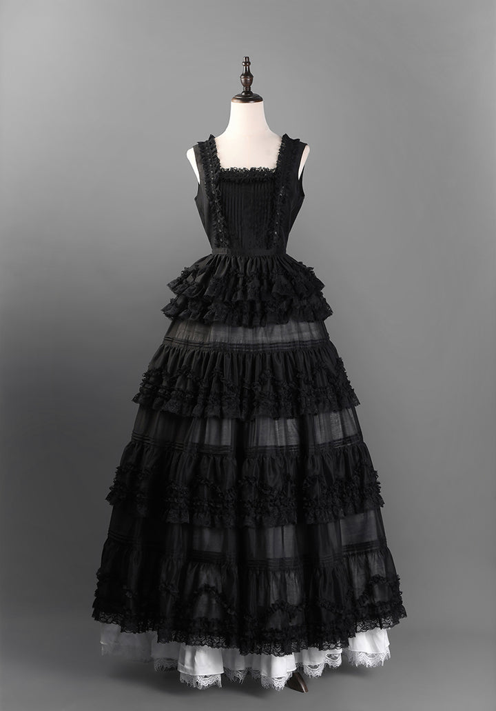 Victorian-Inspired Black and White Gothic Lolita Ball Gown with Tiered Ruffles – Tencel Organza Dress with Lace Trim Plus Size