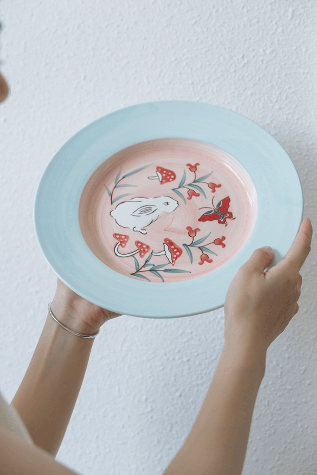 Vintage-Inspired Artistical Italian Hand-Painted Porcelain Plate in Tiffany Blue and Soft Pink