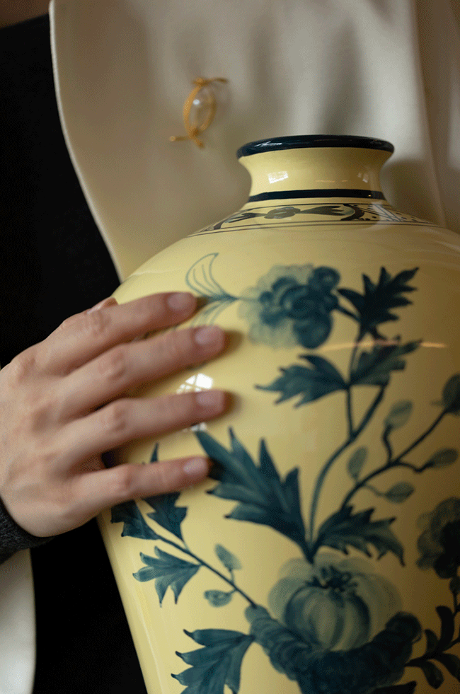 Oriental Italian Handmade Porcelain Vase in Naples Yellow with Cobalt Blue Floral Motifs