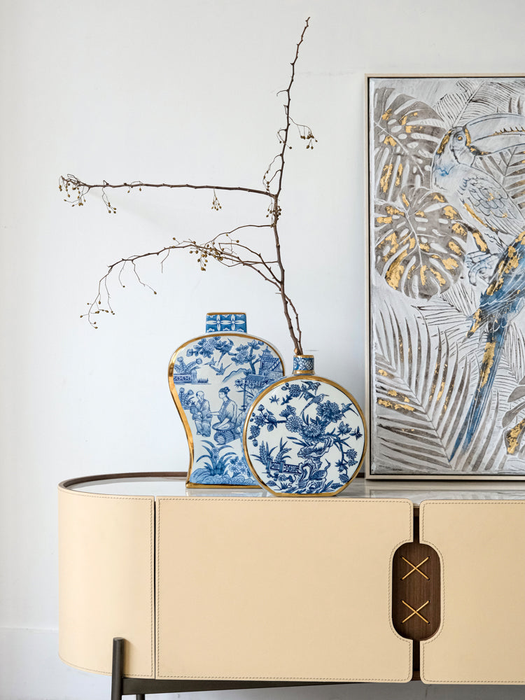 French Imported Oriental Hand-Painted Blue and White Porcelain Vases with Gilded Accents