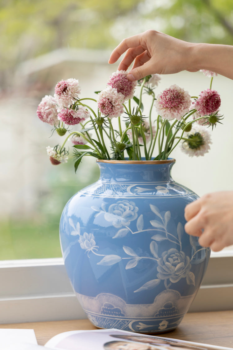 Antique Italian Smoky Blue and White Porcelain Vase with Hand-Painted Floral Motifs and Gilded Rim