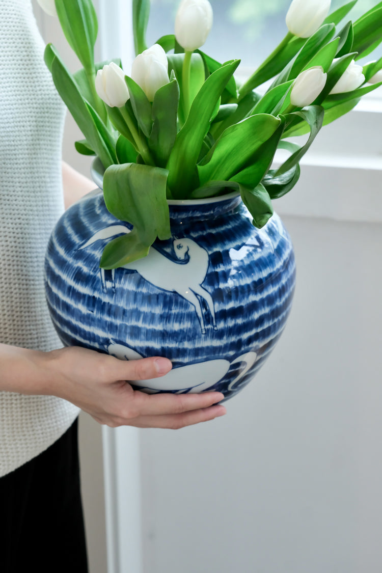 Oriental Handmdae Grisaille Blue and White Porcelain Jar with Hand-Painted White Horse Motif