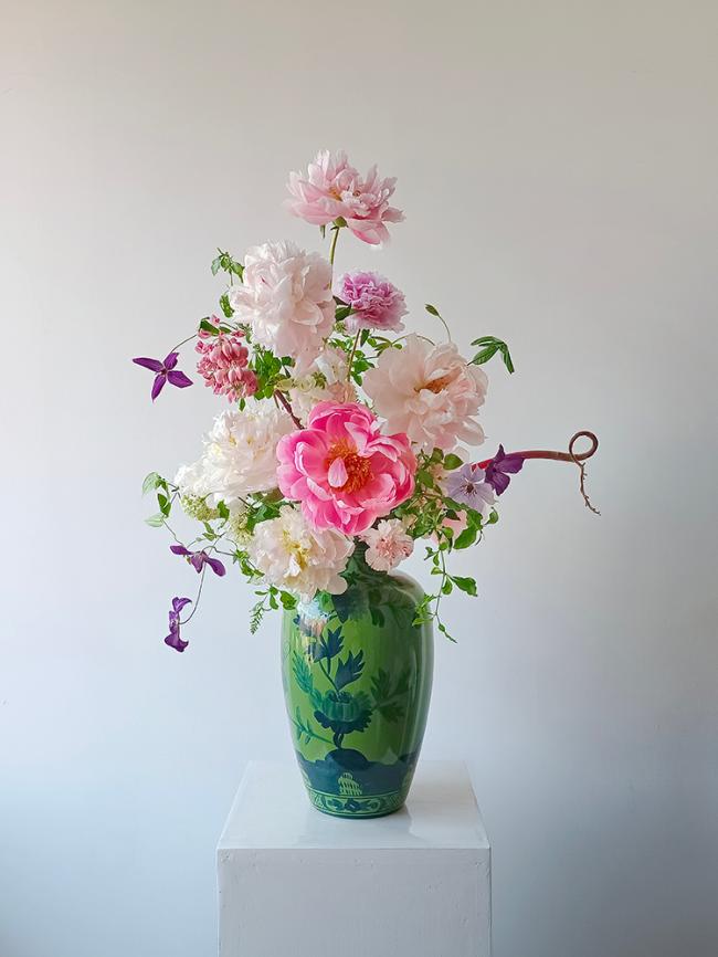 Oriental Italian Handmade Green Porcelain Vase with Indigo Hand-Painted Floral Motifs