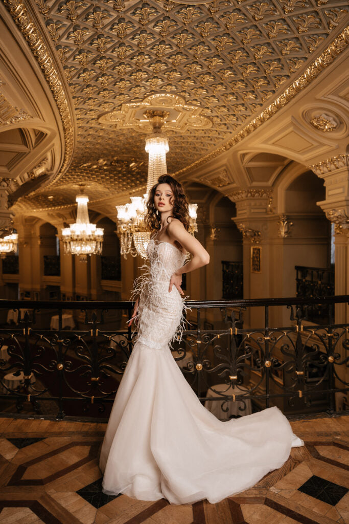 Ivory Convertible Wedding Dress with Feathers – Sequin Mermaid Wedding Dress with Train Plus Size – EMANUELA