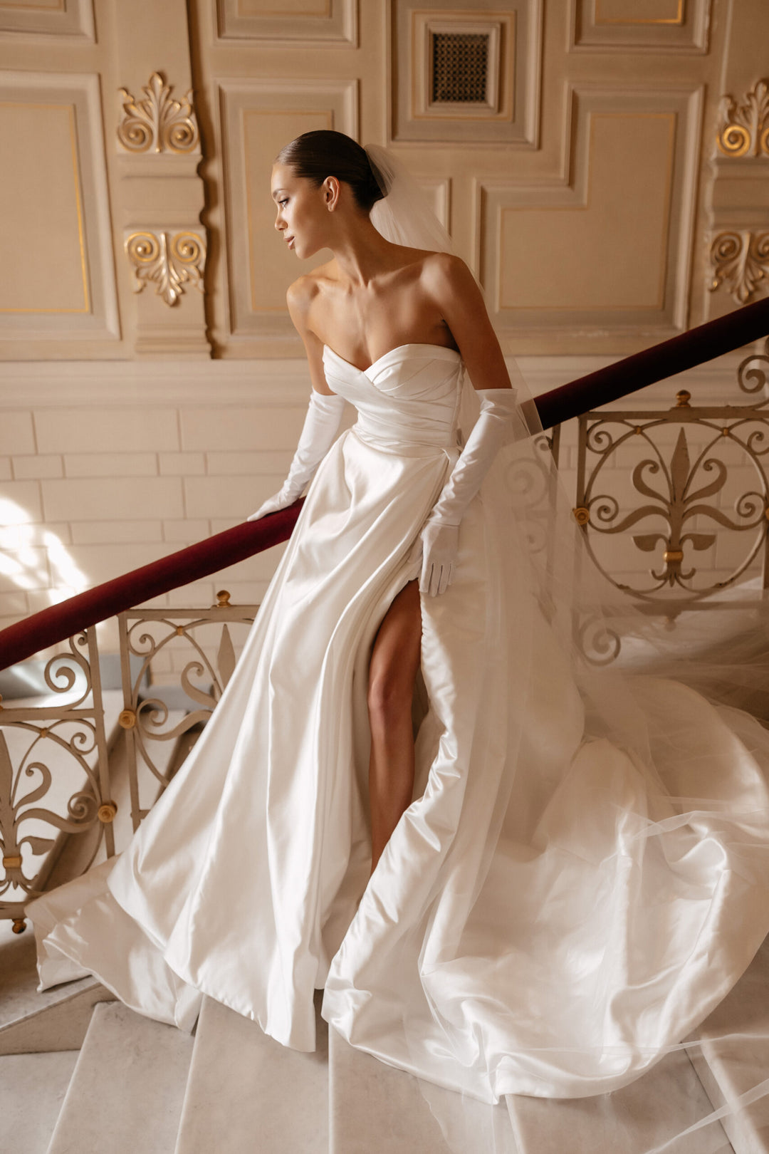 Ivory Off the Shoulder Wedding Dress with Slit – Simple Satin Wedding Gown with Draped Bodice and Buttons Plus Size – MORGAN