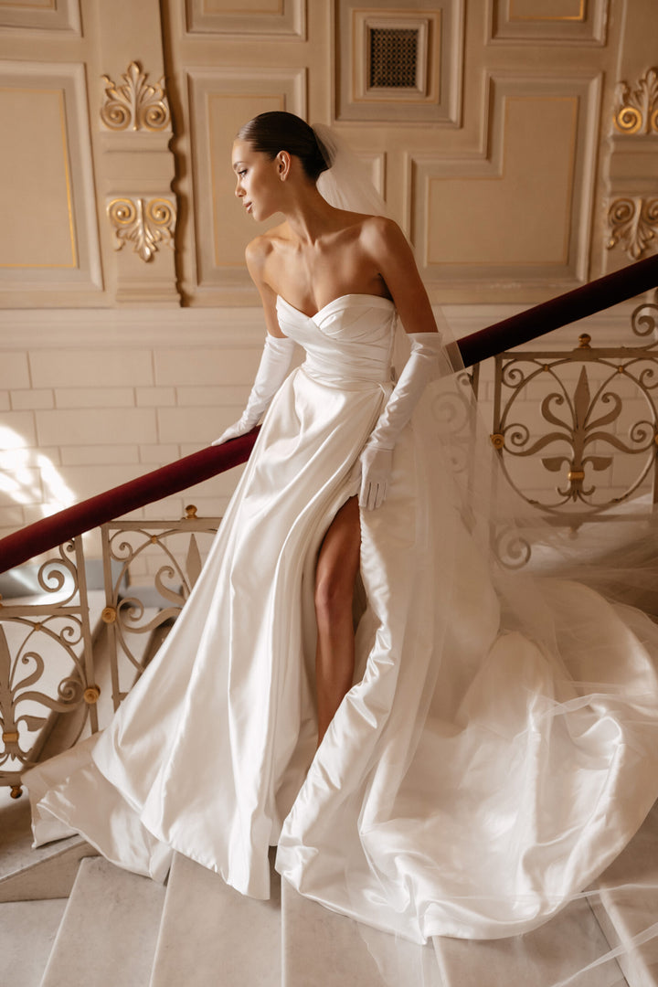 Ivory Off the Shoulder Wedding Dress with Slit – Simple Satin Wedding Gown with Draped Bodice and Buttons Plus Size – MORGAN