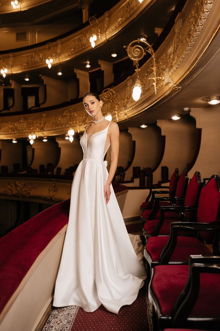 Ivory A-Line Wedding Dress with Removable Bow – Sleeveless Wedding Dress with Plunging Neckline Plus Size – ELIZA