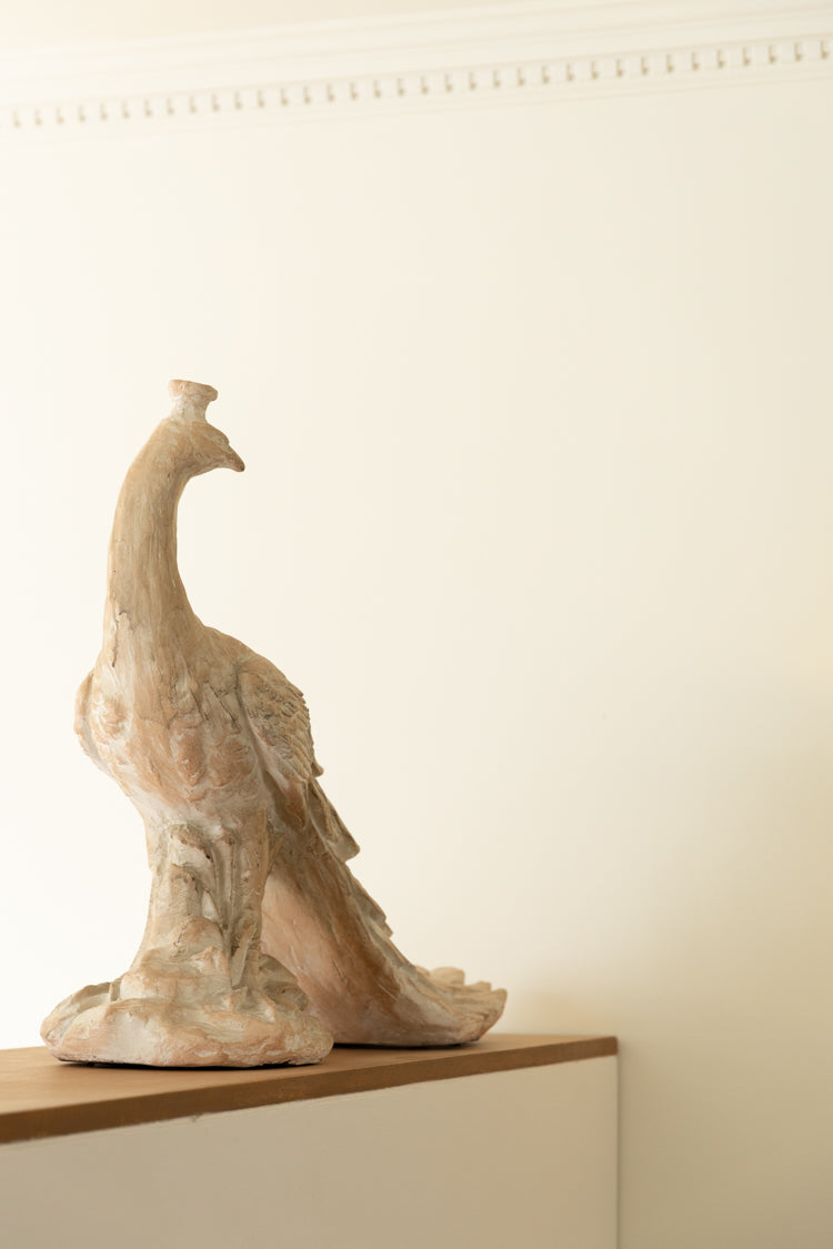 Medieval Handmade French White Peacock Sculpture and Decorative Figurine in Sun-Bleached Ivory Finish