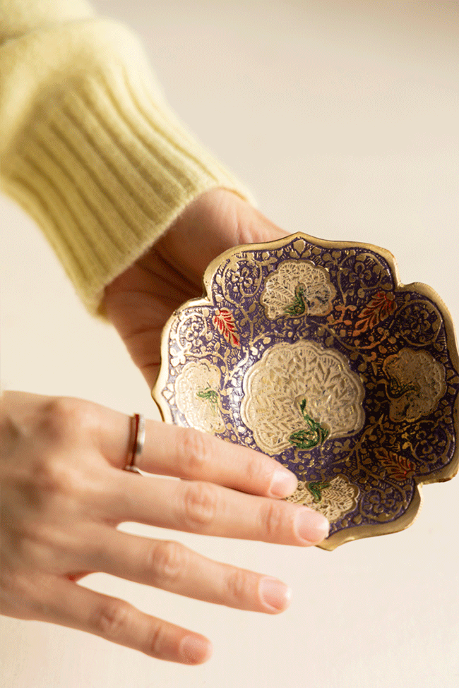 Luxury Handmade Indian Brass Decor and Jewelry Dish with Purple and Gold Mandala Motif