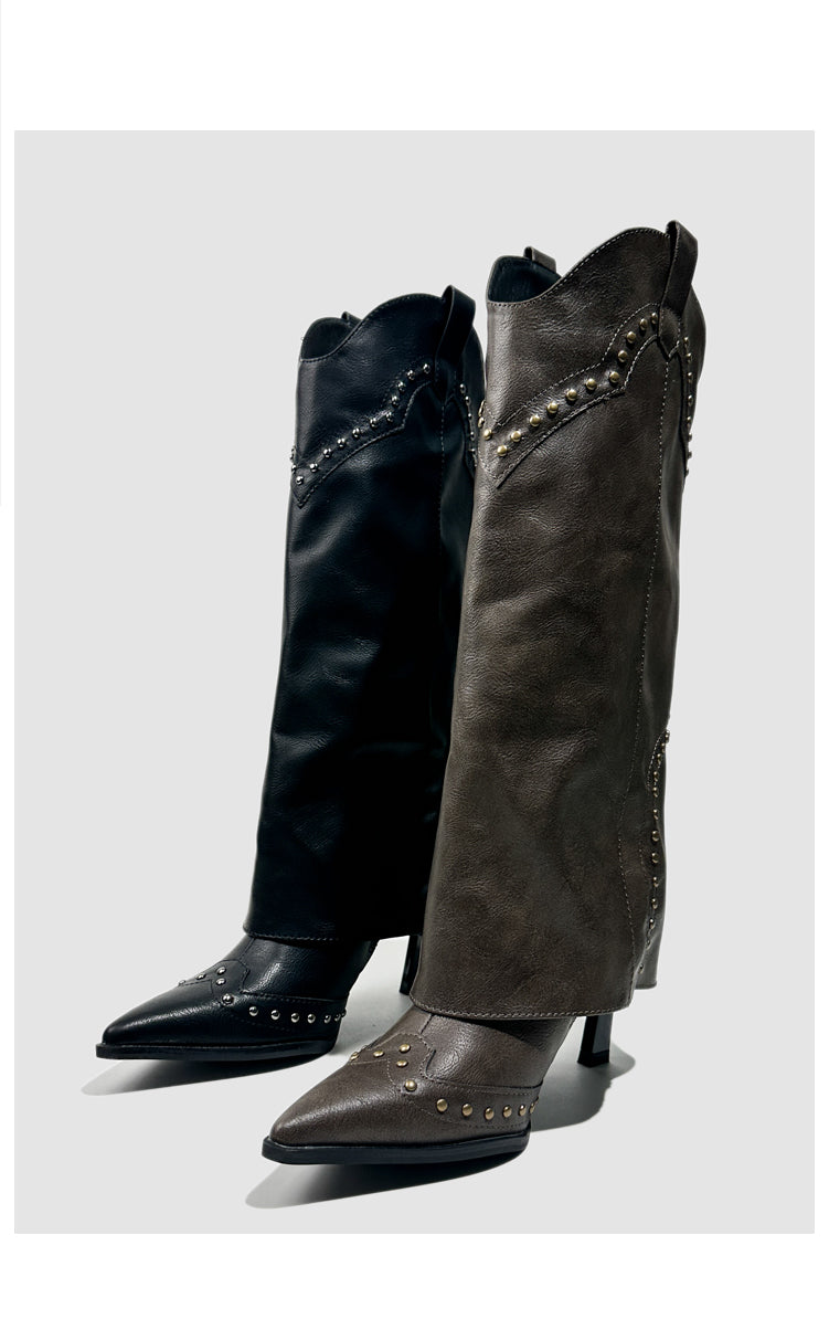 Vintage-Inspired Handmade Gothic Black Cowhide Leather Cowgirl Boots and Boho Western Heeled Boots