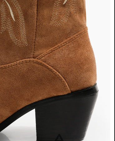 Vintage-Inspired Handmade Brown Suede Cowgirl Boots and Boho Western Mid Calf Boots in Brushed Suede Leather