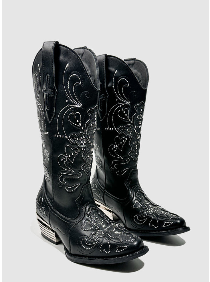 Vintage-Inspired Handcrafted Gothic Black Cowhide Leather Rhinestone Cowgirl Boots with Embroidered