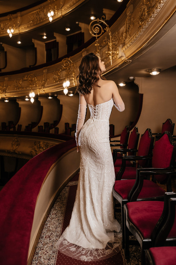 Ivory Sequin Mermaid Wedding Dress with Slit – Sleeveless Wedding Dress with Plunging Neckline Plus Size – JANE