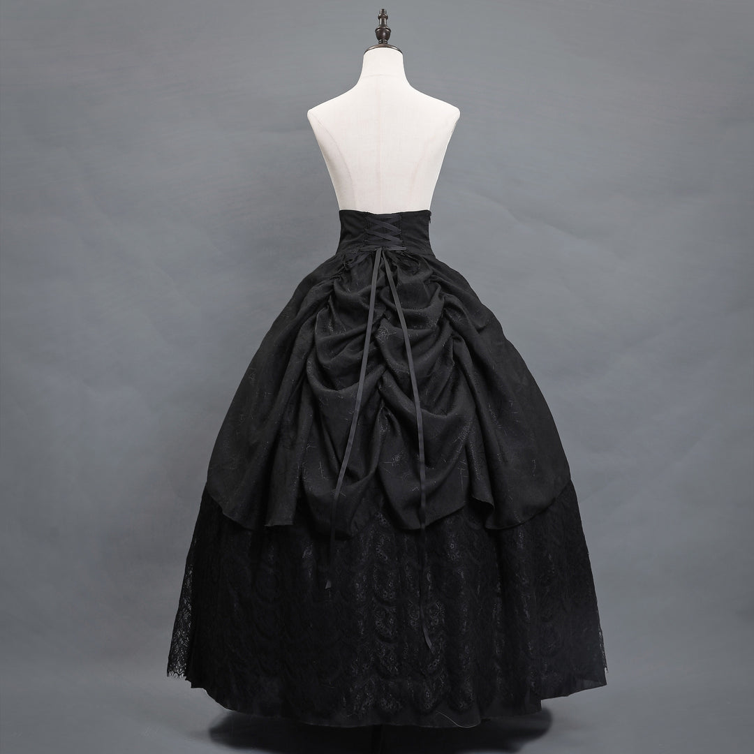 Victorian-Inspired Gothic Black Lace Ball Gown with Long Sleeves and Corset Back – Baroque-Inspired Mourning Dress Plus Size