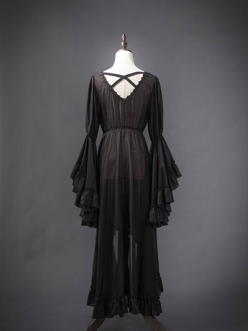 Victorian-Inspired Black Gothic Lolita Ball Gown with Lace Trim and Tiered Skirt – Edwardian Tencel Dress Plus Size