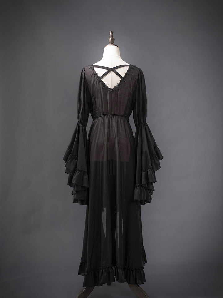 Victorian-Inspired Black Gothic Lolita Ball Gown with Lace Trim and Tiered Skirt – Edwardian Tencel Dress Plus Size