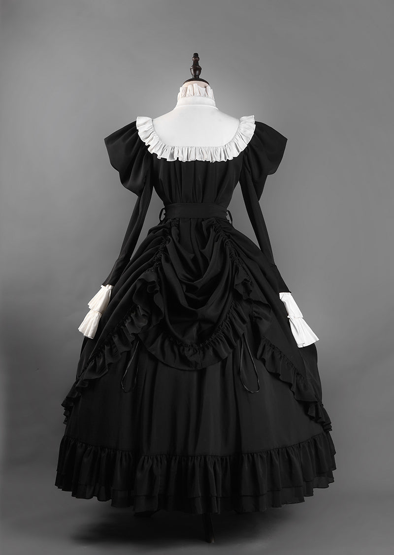 Victorian-Inspired Black and White Gothic Ball Gown with Cross Embroidery – Edwardian High Neck Lolita Dress Plus Size