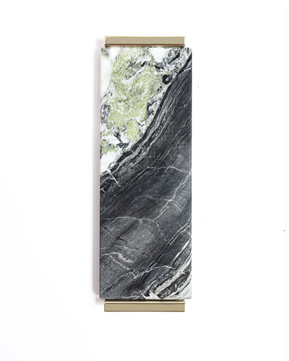 Luxury Handmade Italian Natural Marble Serving Tray with Brass and Jade-Inspired Flow Pattern
