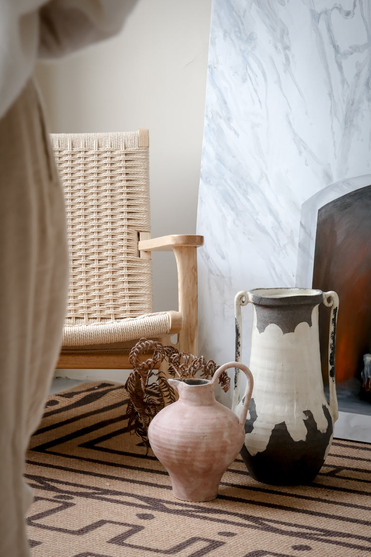Artistical Handmade Moroccan Black and White Clay Vase with Rustic Minimalist Finish