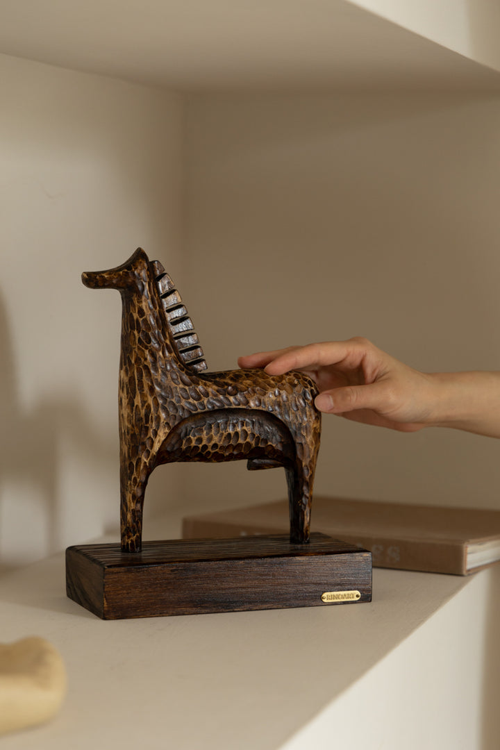 Medieval Handmade African Brown Wooden Horse Sculpture with Textured Carving France Import