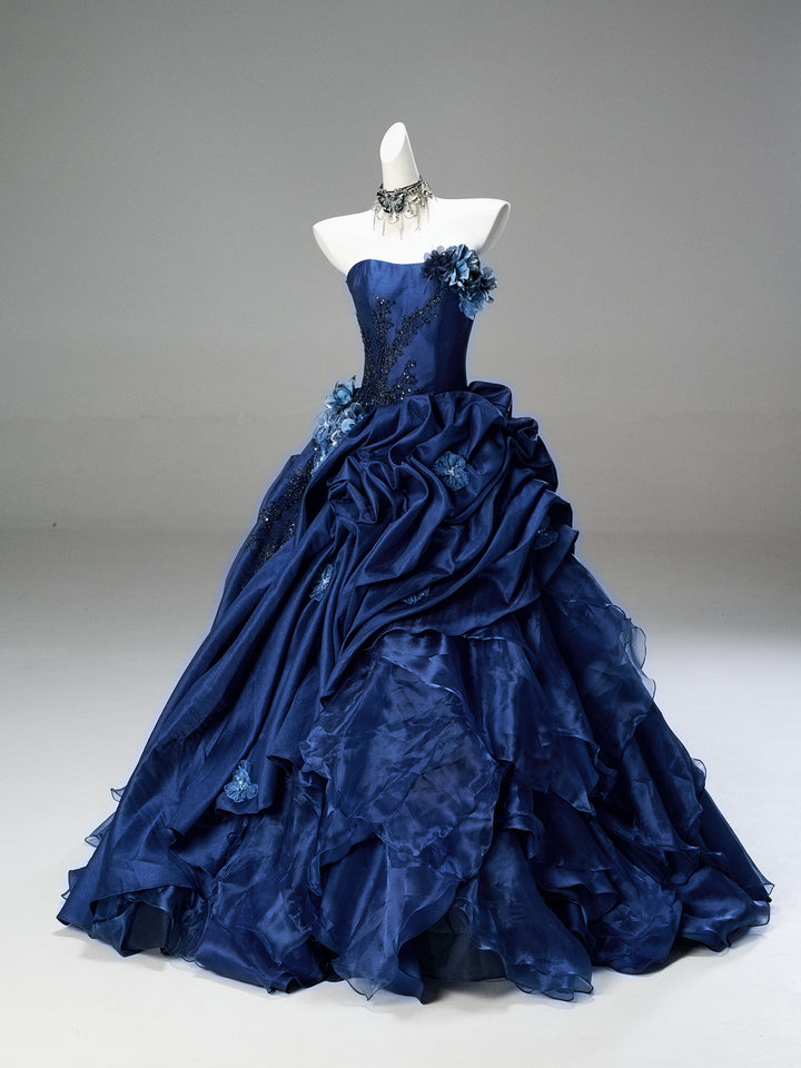 Gothic Navy Blue Floral Evening Dress with Floral Embellishment – Elegant Strapless Evening Dress with Corset Back Plus Size
