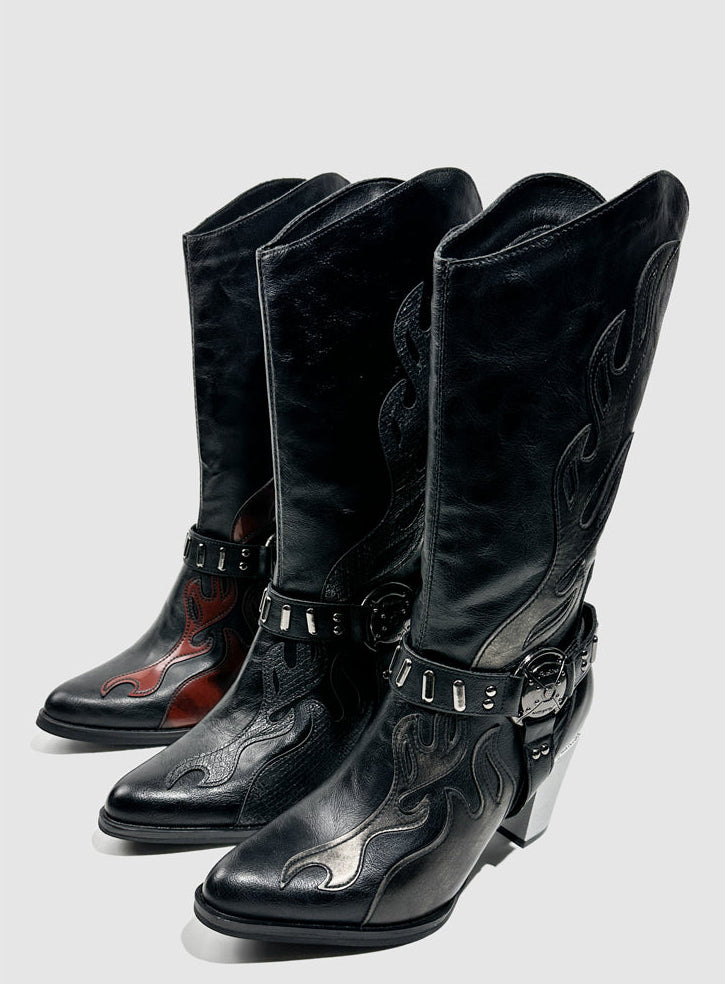 Vintage-Inspired Handmade Gothic Black Cowhide Leather Cowgirl Boots with Metal Heel Western Mid Calf Boots