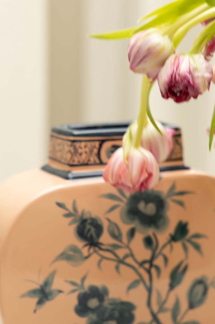 Antique Italian Porcelain Vase with Hand Painted Blue Floral Design in Spring Pink