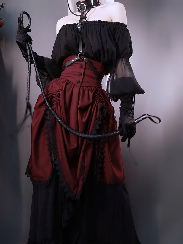 Victorian-Inspired Gothic Red and Black Lace Ball Gown with High Collar – Vampire Duchess Satin Evening Dress Plus Size