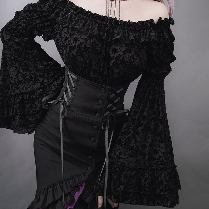 Victorian-Inspired Black Gothic Long Sleeve Velvet Evening Dress with Corset Waist – Lace Evening Gown Plus Size