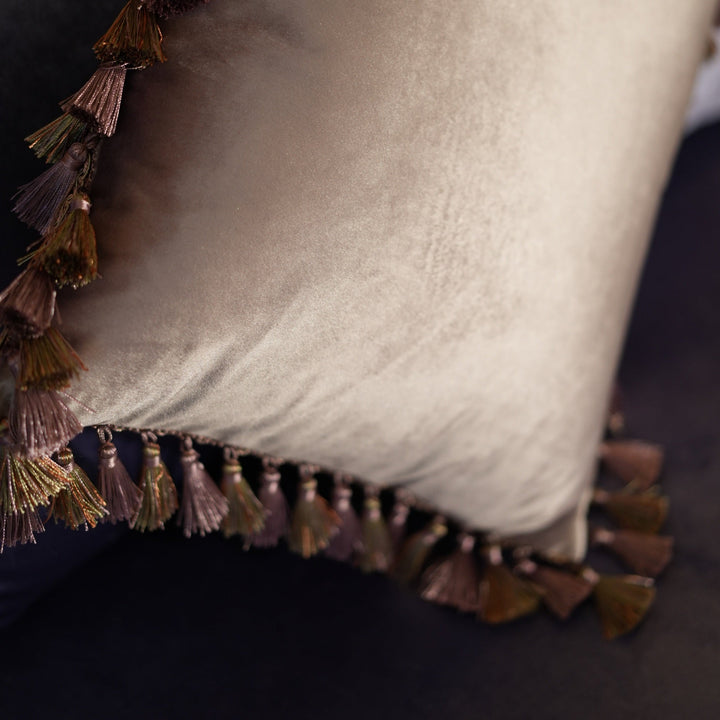 Golden Tassel Embroidered Throw Pillow – Handmade Luxury Satin Cushion with Fringe Trim