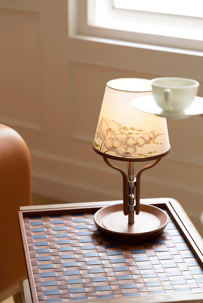 Oriental Handmade Orchid Designer Lamps with Linen Shade and Italian Leather Base