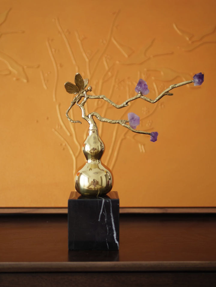 Oriental Handcrafted Golden Decorative Gourds with Amethyst Branch and Dragonfly Accent
