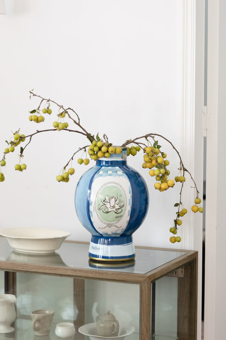 Antique Italian Blue and White Porcelain Vase Inspired by Richard Ginori with Hand-Painted Gilded Maritime Motifs
