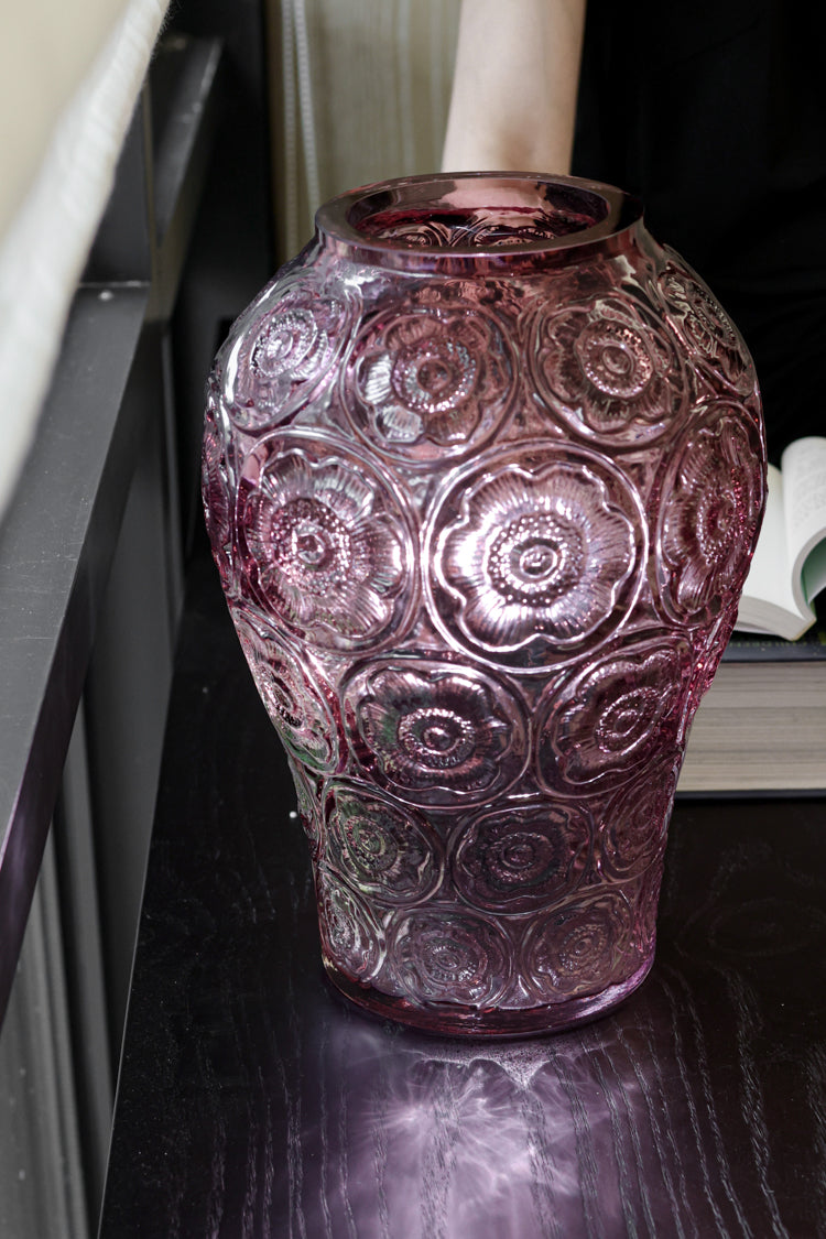 Baroque French Handmade Purple Murano Glass Vase with Embossed Floral Design Crystal Style