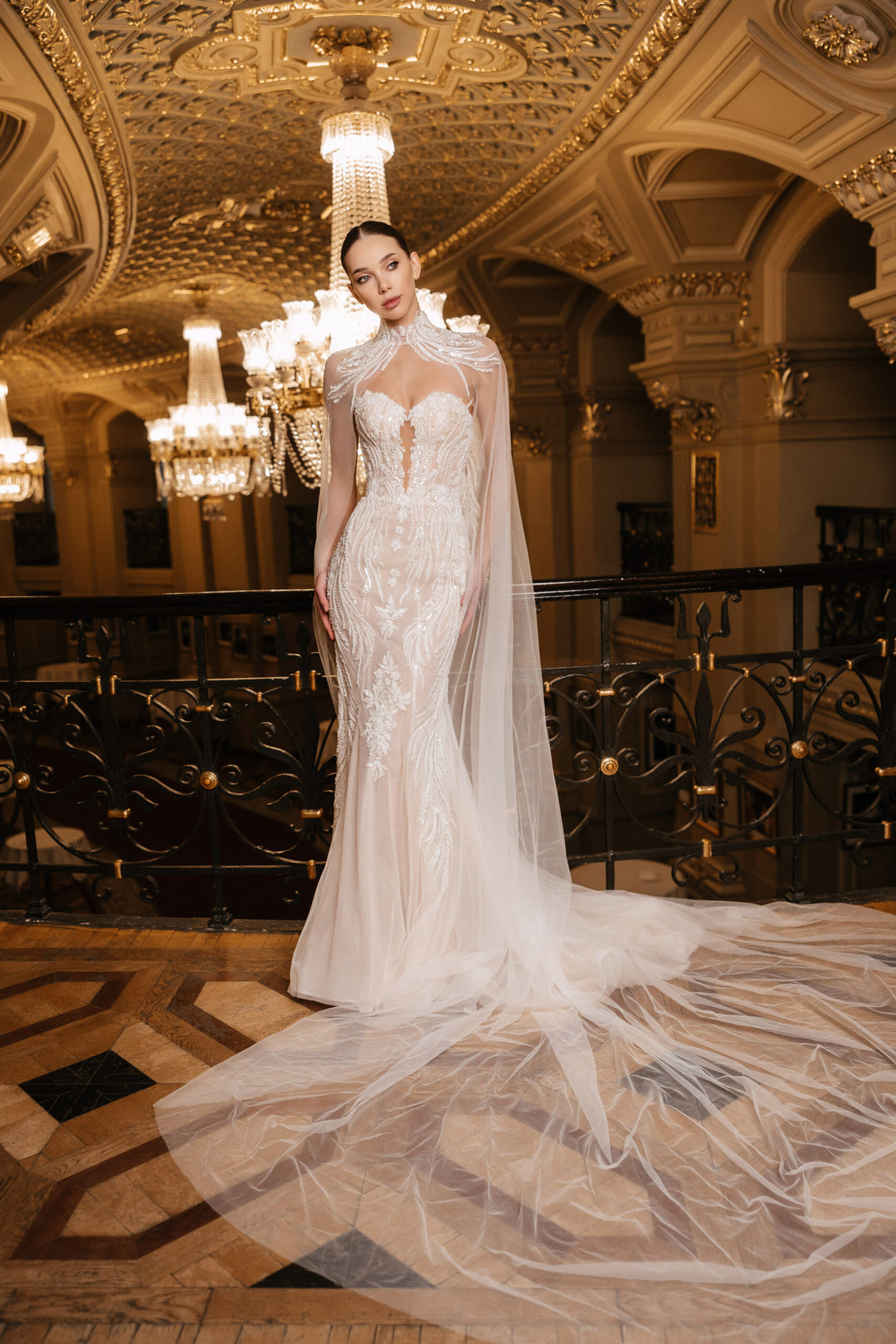 Ivory Lace Mermaid Style Wedding Gown with Cape – Sequin Wedding Dress with Sleeveless and Corset Plus Size – GABRIELLE