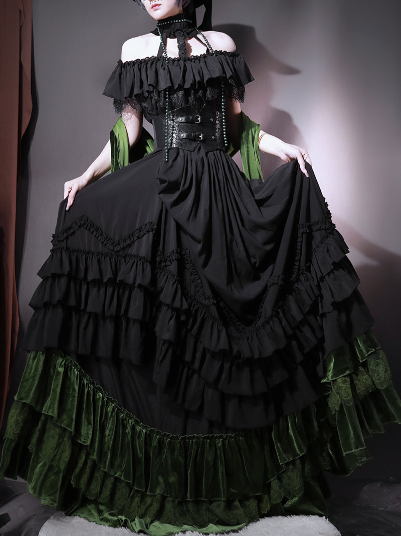 Victorian-Inspired Black Gothic Halter Ball Gown with Lace Ruffles – Lolita Dress with Off-Shoulder Design Plus Size