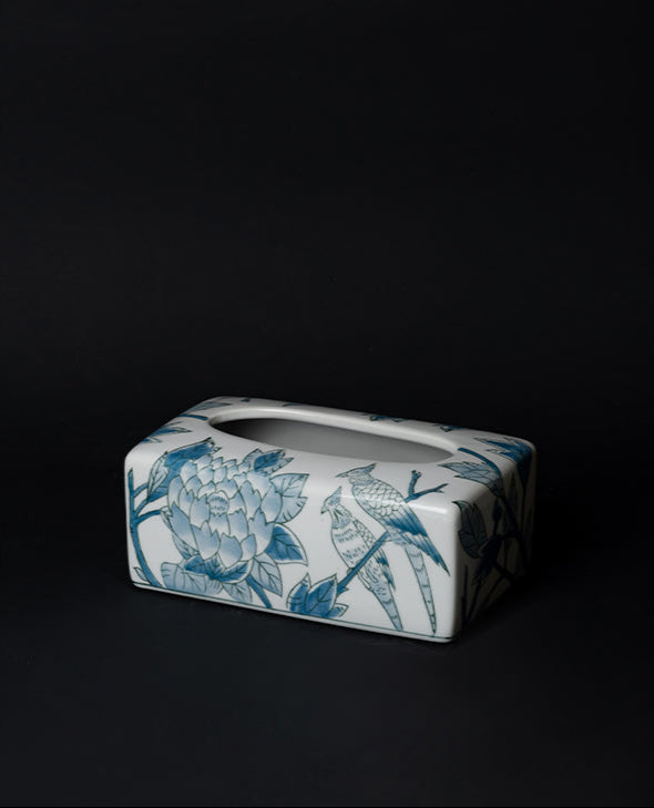Oriental Handmade Blue and White Porcelain Tissue Box with Hand-Painted Underglaze Art