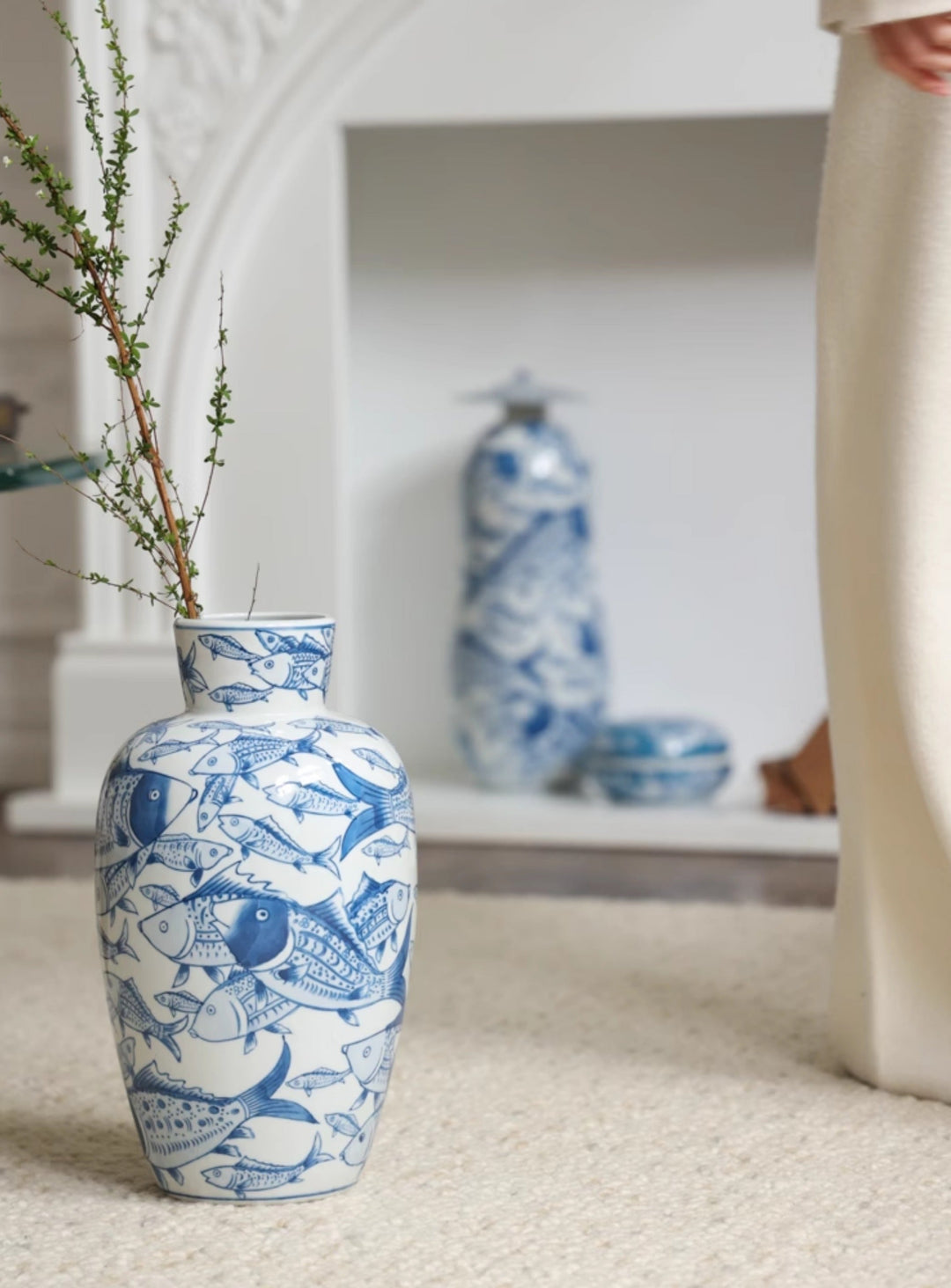 Oriental Handmade French Blue and White Porcelain Vase and Box Set with Hand-Painted Fish Motifs