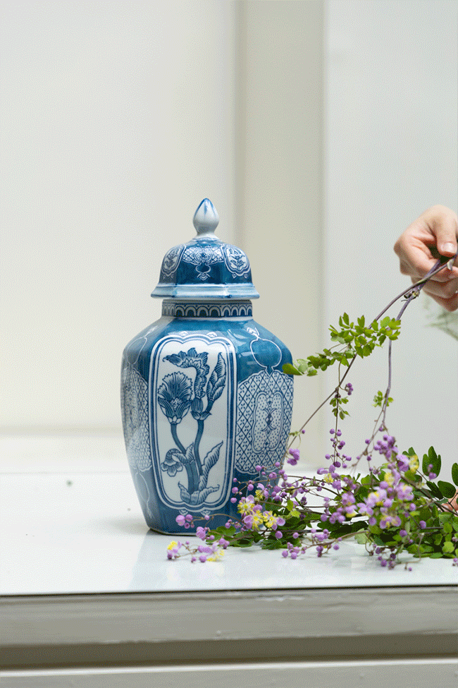 Antique Handmade Blue and White Porcelain Vase with Hand Painted Floral and Pomegranate Design