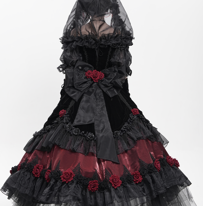 Victorian-Inspired Black Gothic Lolita Ball Gown with Burgundy Satin and Edwardian Lace – Gothic Evening Dress Plus Size