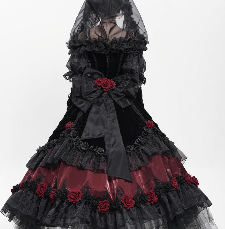 Victorian-Inspired Black Gothic Lolita Ball Gown with Burgundy Satin and Edwardian Lace – Gothic Evening Dress Plus Size