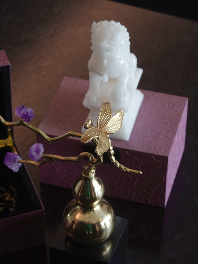 Oriental Handcrafted Golden Decorative Gourds with Amethyst Branch and Dragonfly Accent