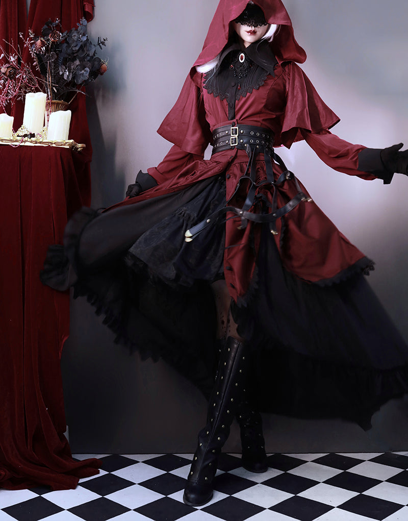 Victorian-Inspired Gothic Red and Black Lace Ball Gown with High Collar – Vampire Duchess Satin Evening Dress Plus Size