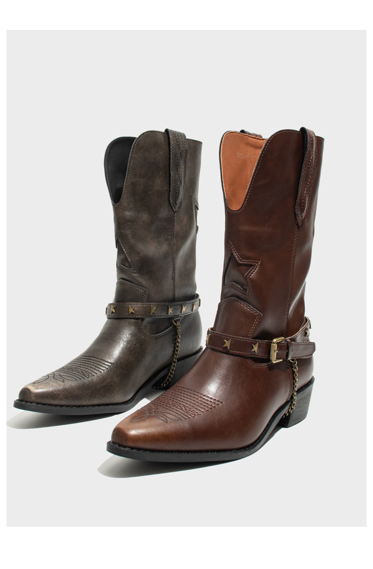 Vintage-Inspired Handmade Boho Brown Cowhide Leather Cowgirl Boots and Boho Western Boots