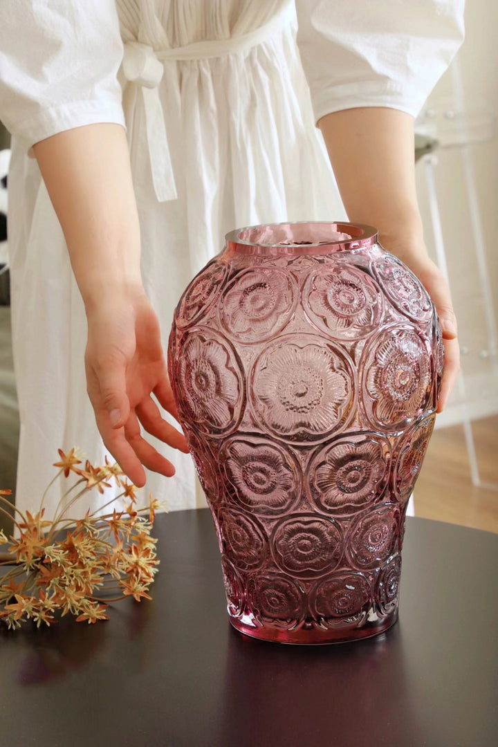 Baroque French Handmade Purple Murano Glass Vase with Embossed Floral Design Crystal Style