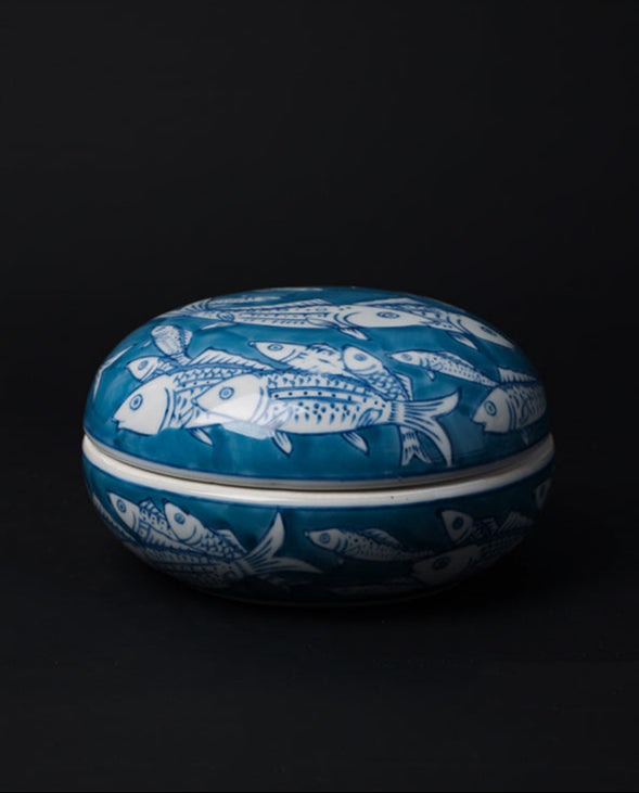 Oriental Handmade French Blue and White Porcelain Vase and Box Set with Hand-Painted Fish Motifs